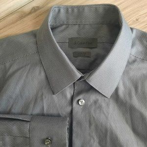 CK Calvin Klein Men's 16 Slim Fit Grey Striped Button Front Long Sleeve Shirt